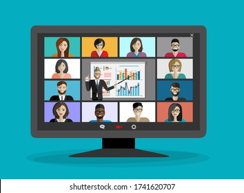 Conference video call. Online communication. Working from home. Remote project management, online education, online lessons, quarantine, communication with friends, colleagues. Vector illustration.