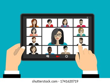 Conference Video Call. Online Communication. Working From Home. Remote Project Management, Online Education, Online Lessons, Quarantine, Communication With Friends, Colleagues. Vector Illustration.