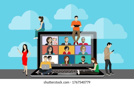 Conference Video Call. Online Communication. Working From Home. Remote Project Management, Online Education, Online Lessons, Quarantine, Communication With Friends, Colleagues. Vector Illustration.