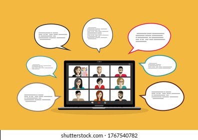 Conference Video Call. Online Communication. Working From Home. Remote Project Management, Online Education, Online Lessons, Quarantine, Communication With Friends, Colleagues. Vector Illustration.