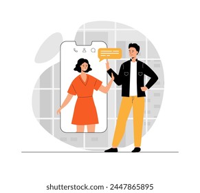 Conference video call, online communication. Man talking with woman online through the phone screen. Illustration with people scene in flat design for website and mobile development.