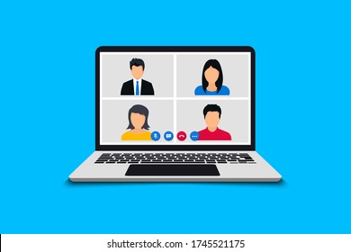 Conference video call. Online meeting in video call. Web Video Conference. Team using laptop for a online meeting. Working from home share ideas brainstorming negotiating, pc screen