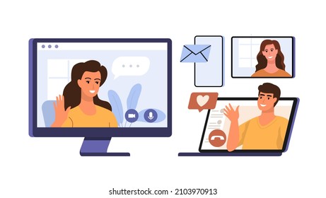Conference video call. Online meeting vector. Team using laptop pc and smartphone. Briefing