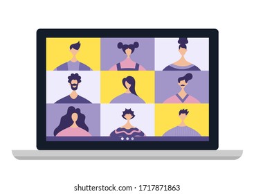 Conference video call, remote project management, quarantine, chat with friends. Vector illustration in a modern style.