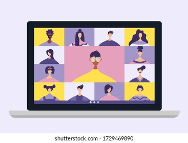 Videollamada de conferencia, gestión remota de proyectos, cuarentena, chat con amigos. Ilustración vectorial en un estilo moderno.