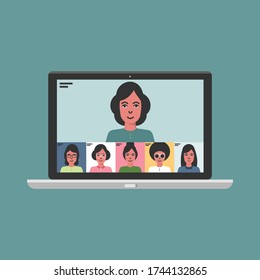 Conference video call, remote project management, quarantine, working from home. Communication with friends, colleagues or relatives. Vector illustration 