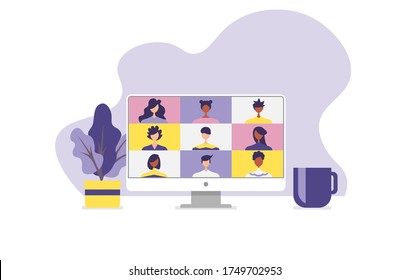 Conference video call, remote project management, quarantine, chat with friends, vector illustration in a modern style.
