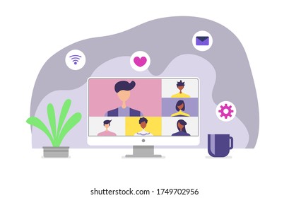 Conference video call, remote project management, quarantine, chat with friends, vector illustration in a modern style.