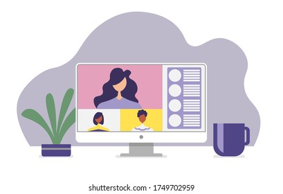 Conference video call, remote project management, quarantine, chat with friends, vector illustration in a modern style.