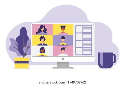 Conference video call, remote project management, quarantine, chat with friends, vector illustration in a modern style.