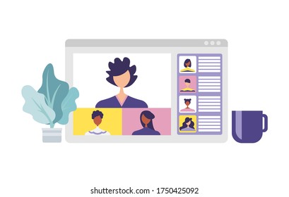 Conference video call, remote project management, quarantine, chat with friends, vector illustration in a modern style.