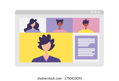 Conference video call, remote project management, quarantine, chat with friends, vector illustration in a modern style.