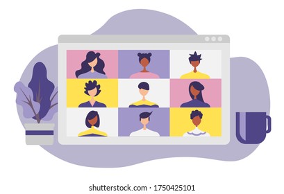 Conference video call, remote project management, quarantine, chat with friends, vector illustration in a modern style.