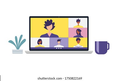 Conference video call, remote project management, quarantine, chat with friends, laptop vector illustration in a modern style.