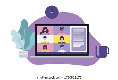 Conference video call, remote project management, quarantine, chat with friends, laptop vector illustration in a modern style.