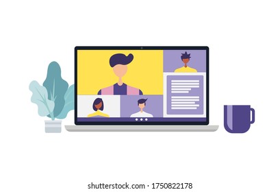 Conference video call, remote project management, quarantine, chat with friends, laptop vector illustration in a modern style.