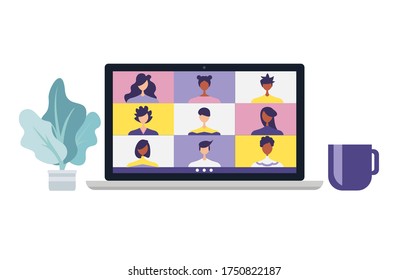 Conference video call, remote project management, quarantine, chat with friends, laptop vector illustration in a modern style.