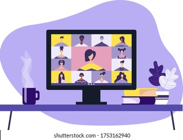 Conference video call, remote project management, quarantine, chat with friends. Vector illustration in a modern style.