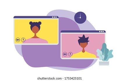 Videollamada de conferencia, gestión remota de proyectos, cuarentena, chat con amigos, ilustración vectorial en un estilo moderno.