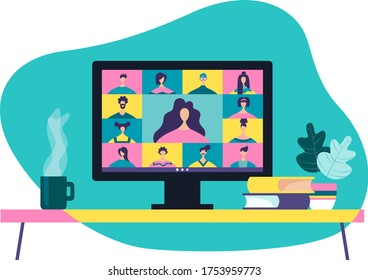 Conference video call, remote project management, quarantine, chat with friends. Vector illustration in a modern style.