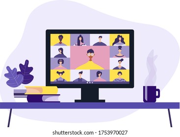 Conference video call, remote project management, quarantine, chat with friends. Vector illustration in a modern style.