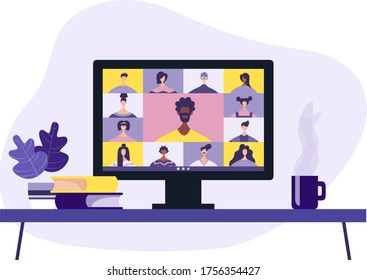 Conference video call, remote project management, quarantine, chat with friends. Vector illustration in a modern style.