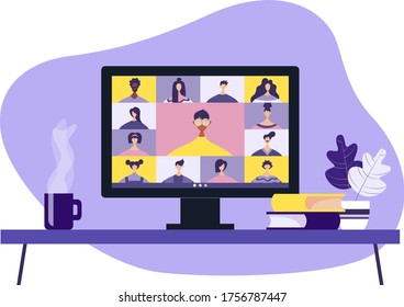 Conference video call, remote project management, quarantine, chat with friends. Vector illustration in a modern style.