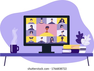 Conference video call, remote project management, quarantine, chat with friends. Vector illustration in a modern style.