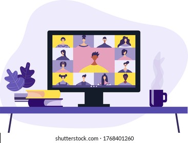 Videollamada de conferencia, gestión remota de proyectos, cuarentena, chat con amigos. Ilustración vectorial en un estilo moderno.