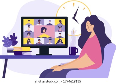 Conference video call, remote project management, quarantine, chat with friends. Vector illustration in a modern style.