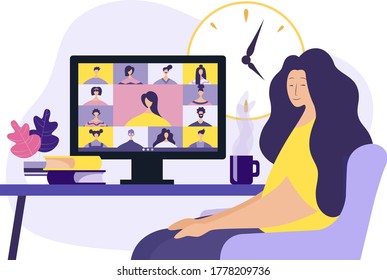 Videollamada de conferencia, gestión remota de proyectos, cuarentena, chat con amigos. Ilustración vectorial en un estilo moderno.