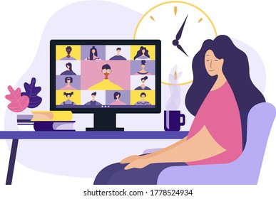 Conference video call, remote project management, quarantine, chat with friends. Vector illustration in a modern style.