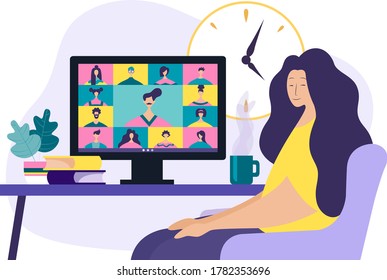 Conference video call, remote project management, quarantine, chat with friends. Vector illustration in a modern style.