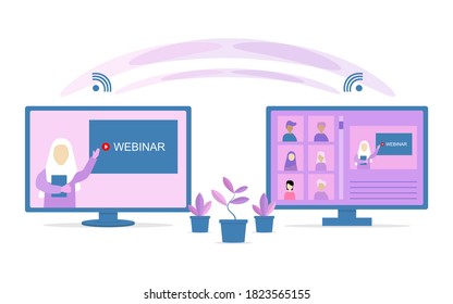 Videollamación de conferencia o gestión remota de proyectos en tiempo de cuarentena, trabajo desde el hogar, seminario web desde la escuela a estudiantes ilustración vectorial 
