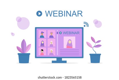 Conference video call or remote project management in quarantine time, working from home, webinar from school to students vector illustration 
