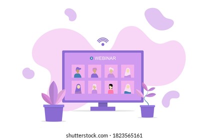 Conference video call or remote project management in quarantine time, working from home, webinar from school to students vector illustration 

