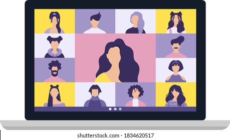 Conference video call, remote project management, quarantine, chat with friends. Vector illustration in a modern style.