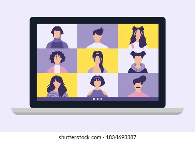Conference video call, remote project management, quarantine, chat with friends. Vector illustration in a modern style.