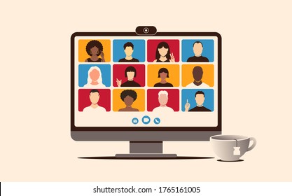 Conference video call for remote work or webinar from home or anywhere concept. Online meeting multicultural international team