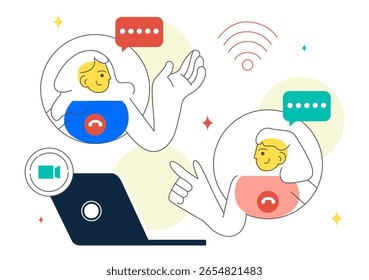 Chamada de vídeo em conferência via Ilustração de vetor de comunicação remota com amigos on-line usando uma webcam enquanto trabalham em casa em segundo plano