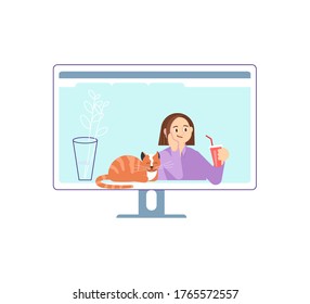 Conference video call, virtual meeting with colegues, relatives or friends and working or learning from home concept. Flat Art Vector illustration