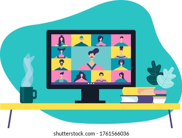 Conference video call, working from home. Vector flat illustration.