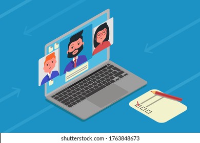 Conference video call, working from home. Colleagues talk on the laptop screen, flat illustration. Video call, online conference, online training