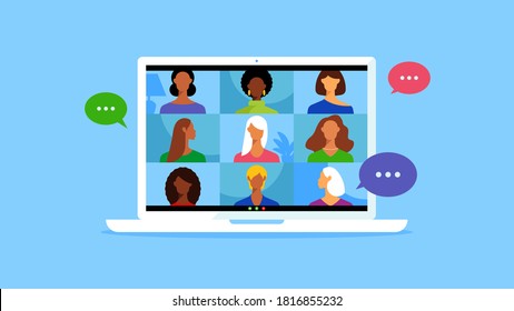 Conference video call, working at home. Video call, social distancing, business discussion, conversation, discussion, meeting. Internet browser windows with characters.