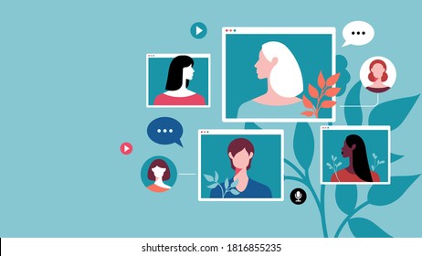 Conference video call, working at home. Video call, social distancing, business discussion, conversation, discussion, meeting. Internet browser windows with characters.