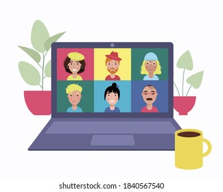 Conference video call, working from home. Computer desktop with group of colleagues or friends. People talking to each other on the computer screen. Vector illustration, flat style. 