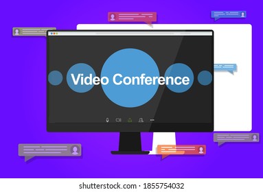 Conference video calls. Illustrations flat design concept video conference. online meeting work form home. Home education, distance learning. Monitor, pop-up messages on the background. EPS 10