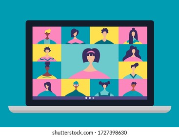 Conference video calls, remote project management, online training, quarantine, communication with friends, colleagues or relatives. Vector illustration in a modern style.