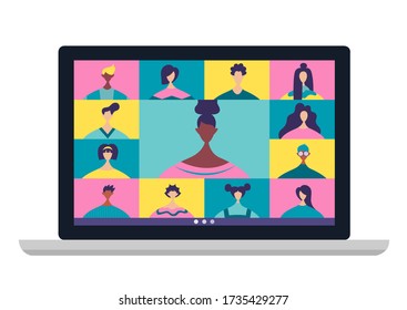 Conference video calls, remote project management, online training, quarantine, communication with friends, colleagues or relatives. Vector illustration in a modern style.