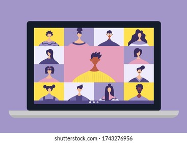 Conference video calls, remote project management, online training, quarantine, communication with friends, colleagues or relatives. Vector illustration in a modern style.